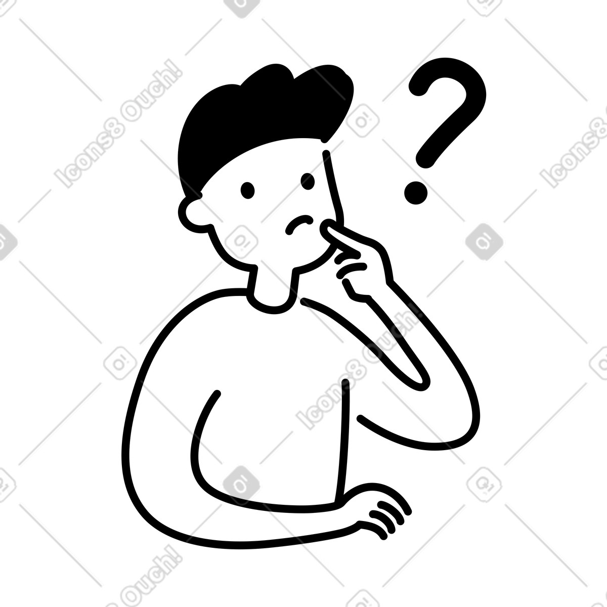下载 Notion Line Art 风格的 Confused character touching mouth and thinking about difficult decision 插画，支持 PNG、SVG 格式