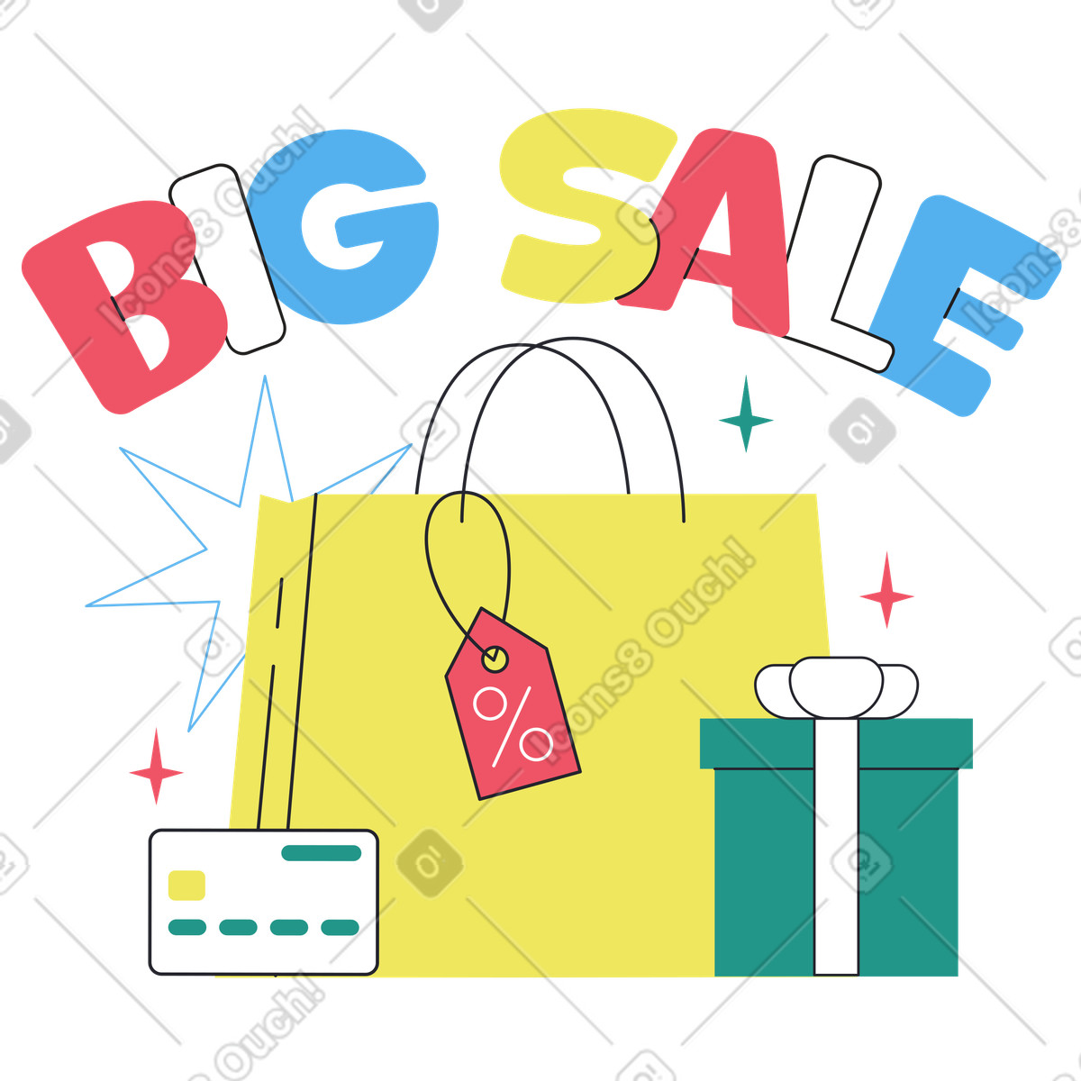 Ilustración Big sale lettering over shopping items, E-commerce discount offer en estilo Boba a descargar en PNG y SVG
