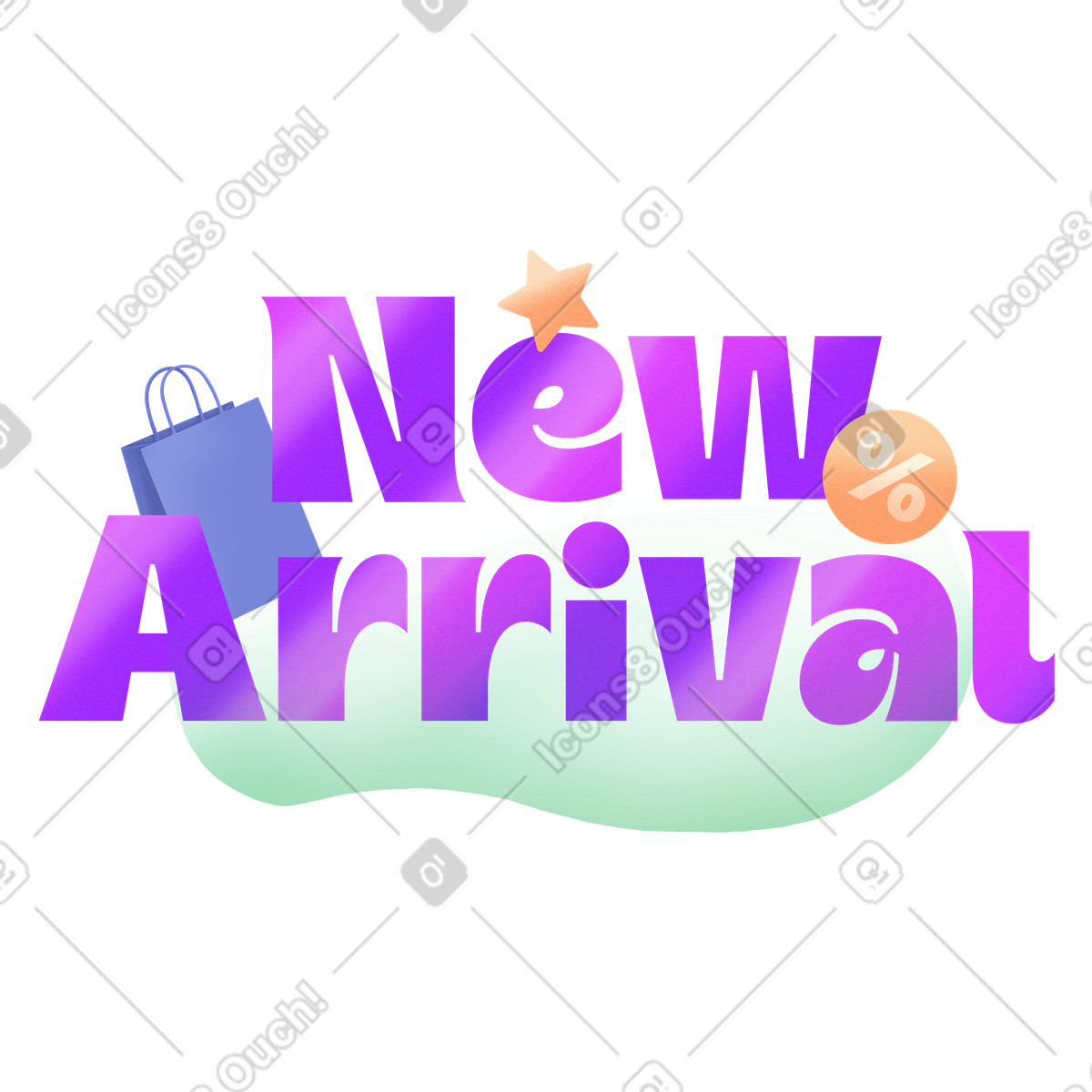 Ilustración Letras de nueva llegada con letrero descuento y texto bolsa compras en estilo Smart a descargar en PNG SVG