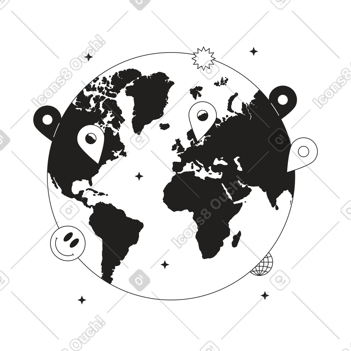 Globo terrestre con molte icone di geolocalizzazione illustrazione in stile Tokyo scarica in PNG, SVG