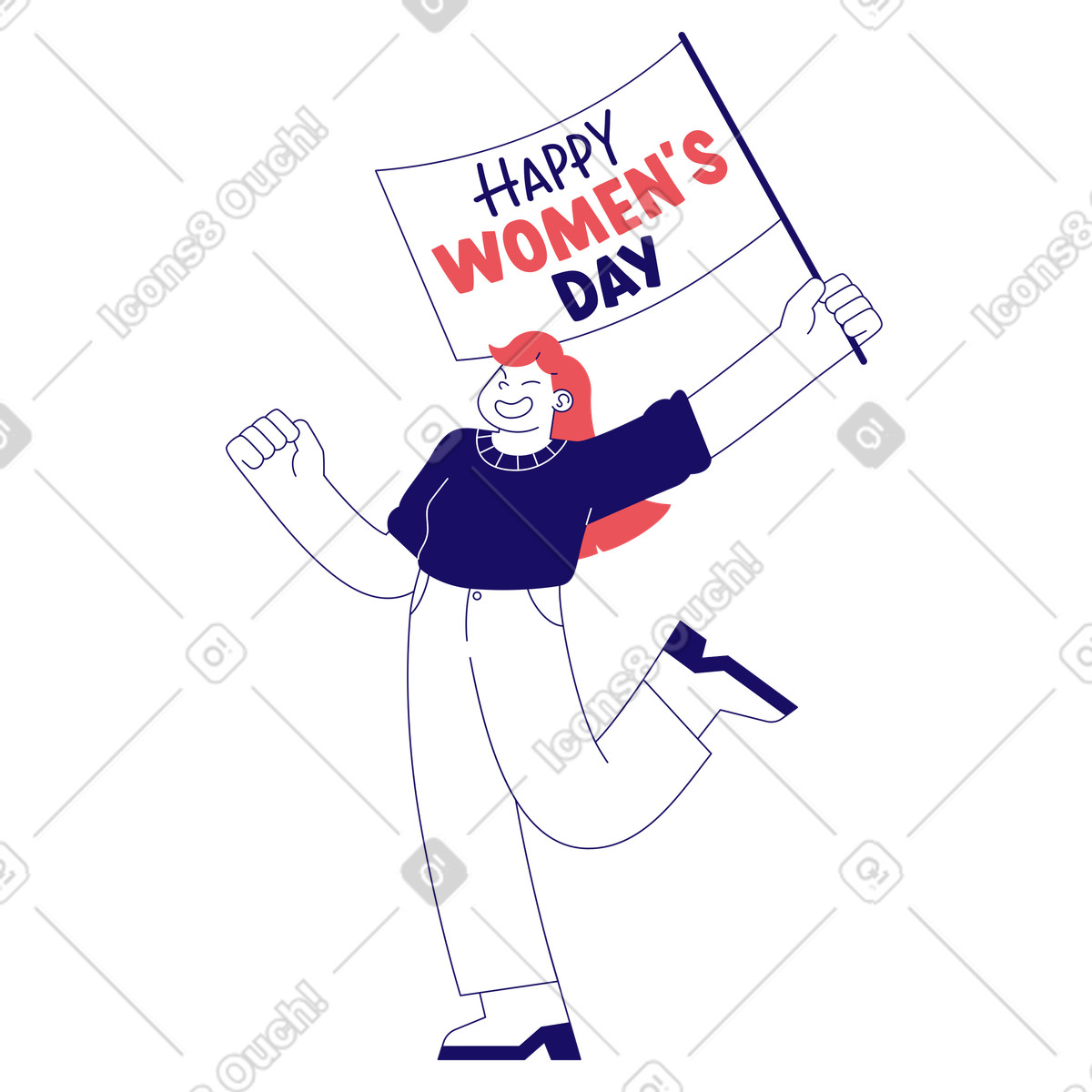 Young woman celebrating women's day with flag in her hand illustration in Bendy style download in PNG, SVG