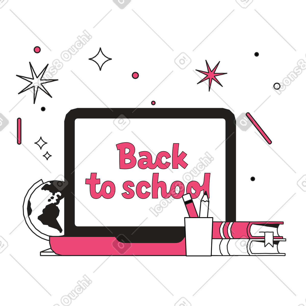 Study supplies and Back to school screen, Student workspace for online learning illustration in Dazzle Line style download in PNG, SVG