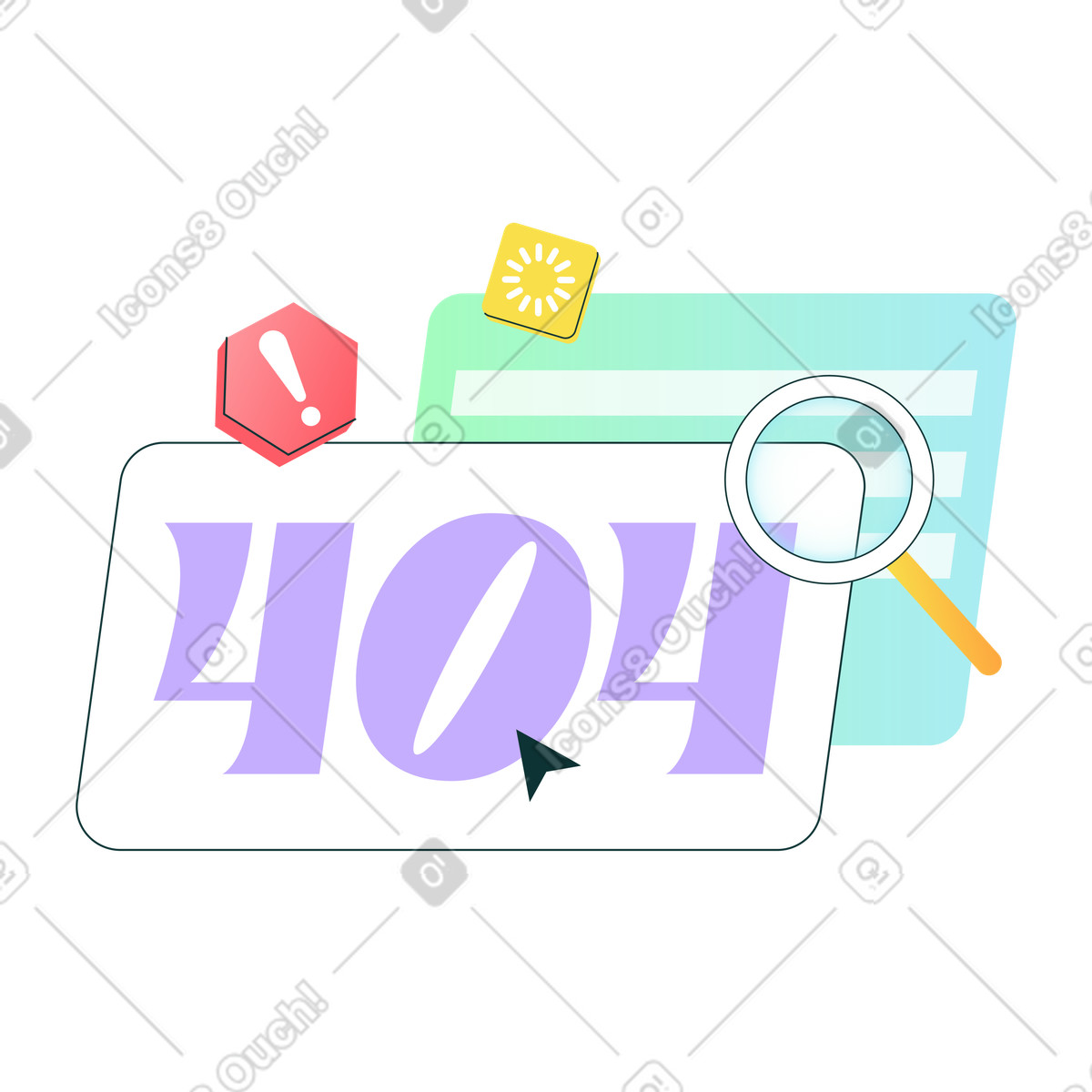 Error 404 with magnifying glass and alert icon, Website not found or missing page illustration in Florid style download in PNG, SVG