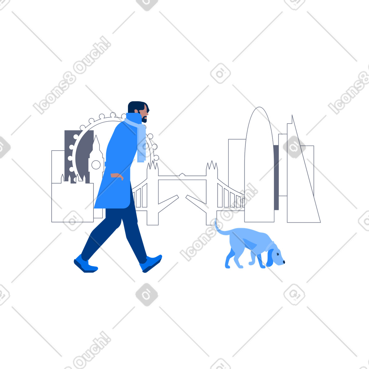 Ilustração animada de Walking with dog near London Eye, City walk and leisure activity em no estilo Urban para baixar em GIF, Lottie (JSON), AE