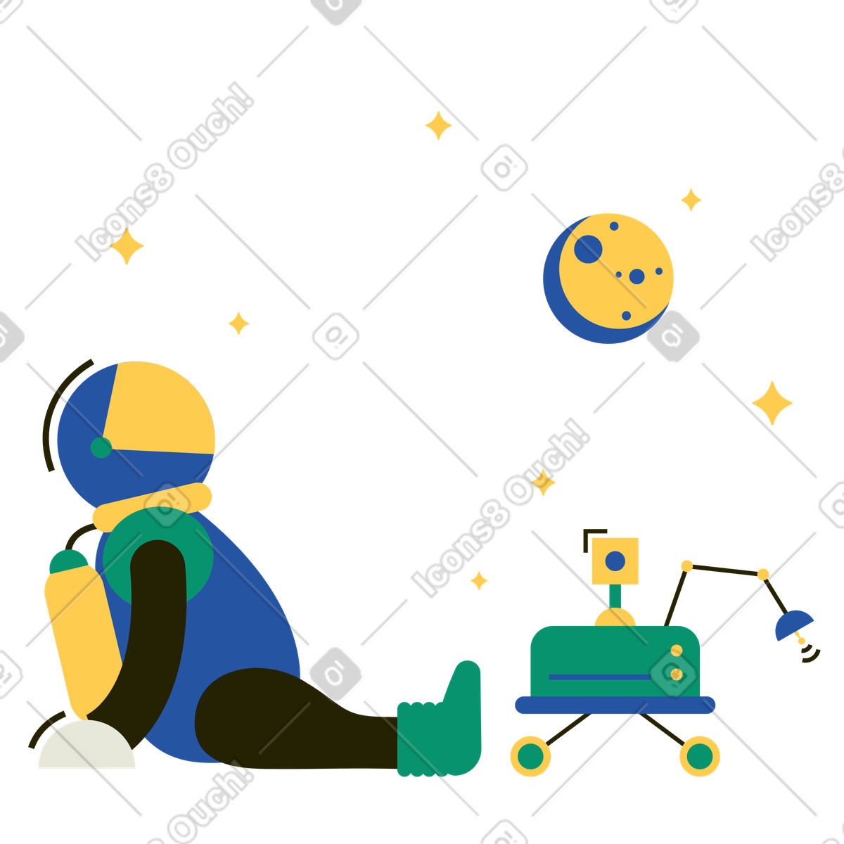 Astronaut delegating tasks to a rover illustration in Spot style download in PNG, SVG