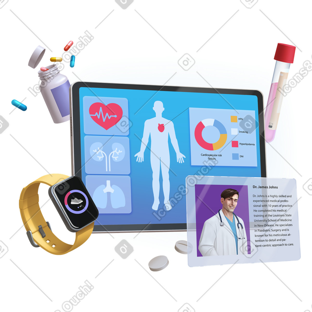 Ilustração de Online medical records and smart devices, telemedicine digital health em no estilo Props para baixar em PNG, SVG