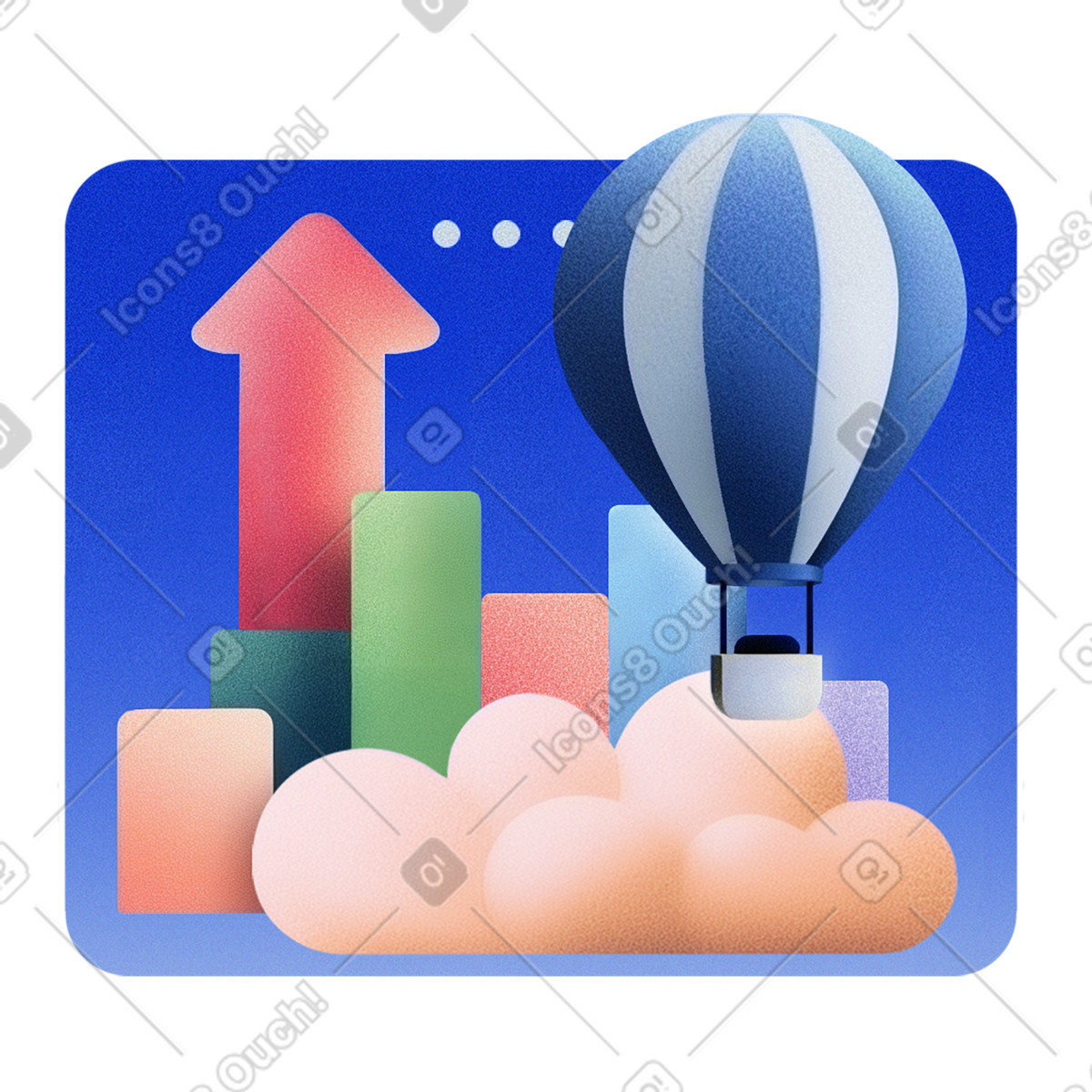 Hot air balloon above bar chart and cloud, Progress tracking and business growth illustration in PNG, SVG
