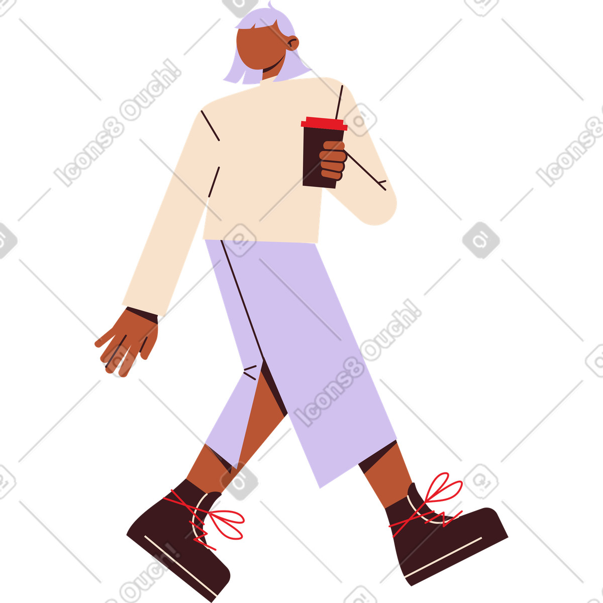 Ilustración Mujer caminando con una taza de café en estilo Folks a descargar en PNG y SVG