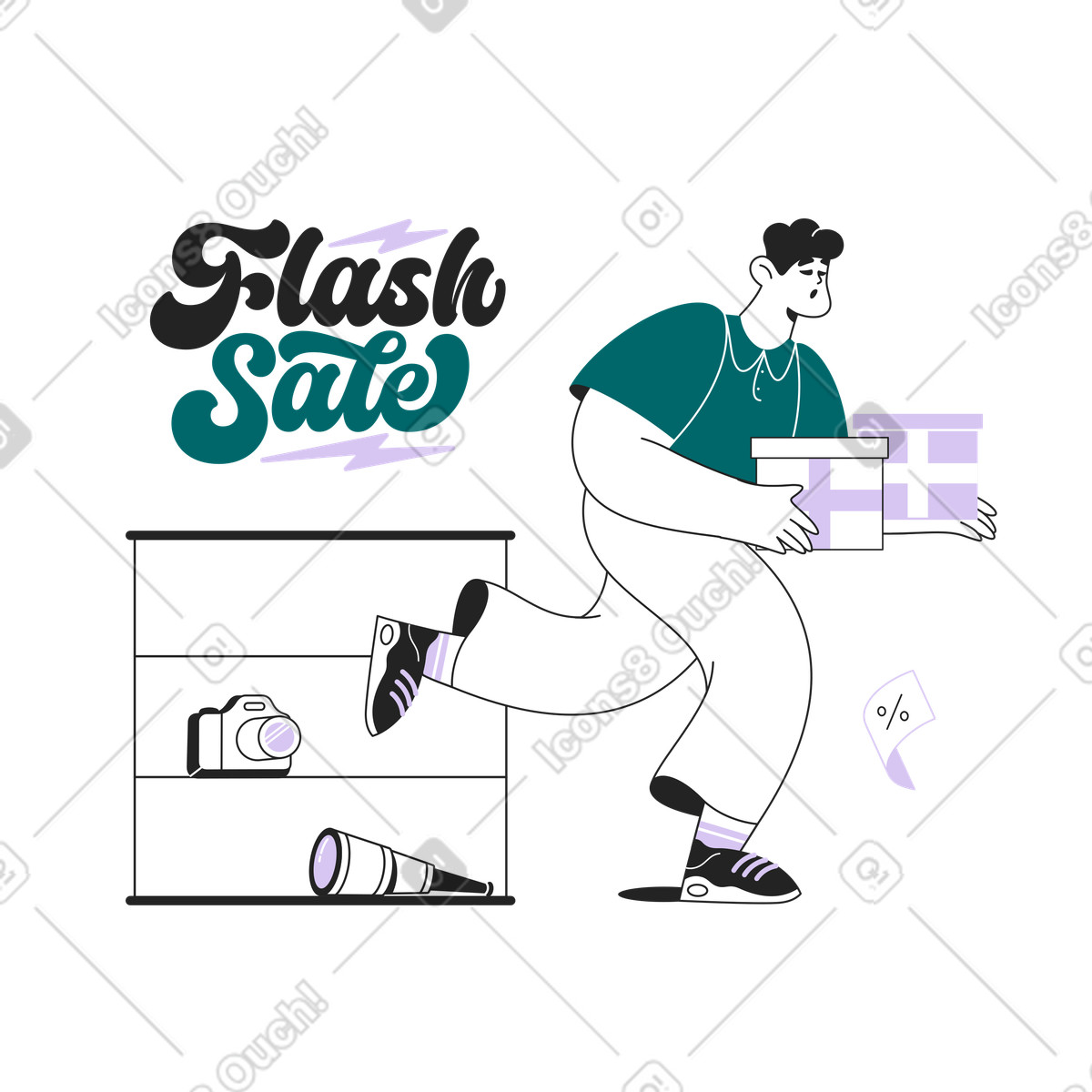Happy shopper carrying gift boxes, Flash deals and festive shopping illustration in Sammy Line style download in PNG, SVG