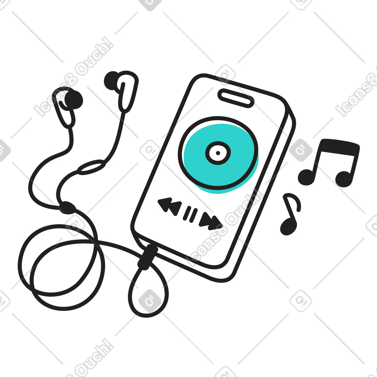 Music player on phone with earphones illustration in Little style download in PNG, SVG