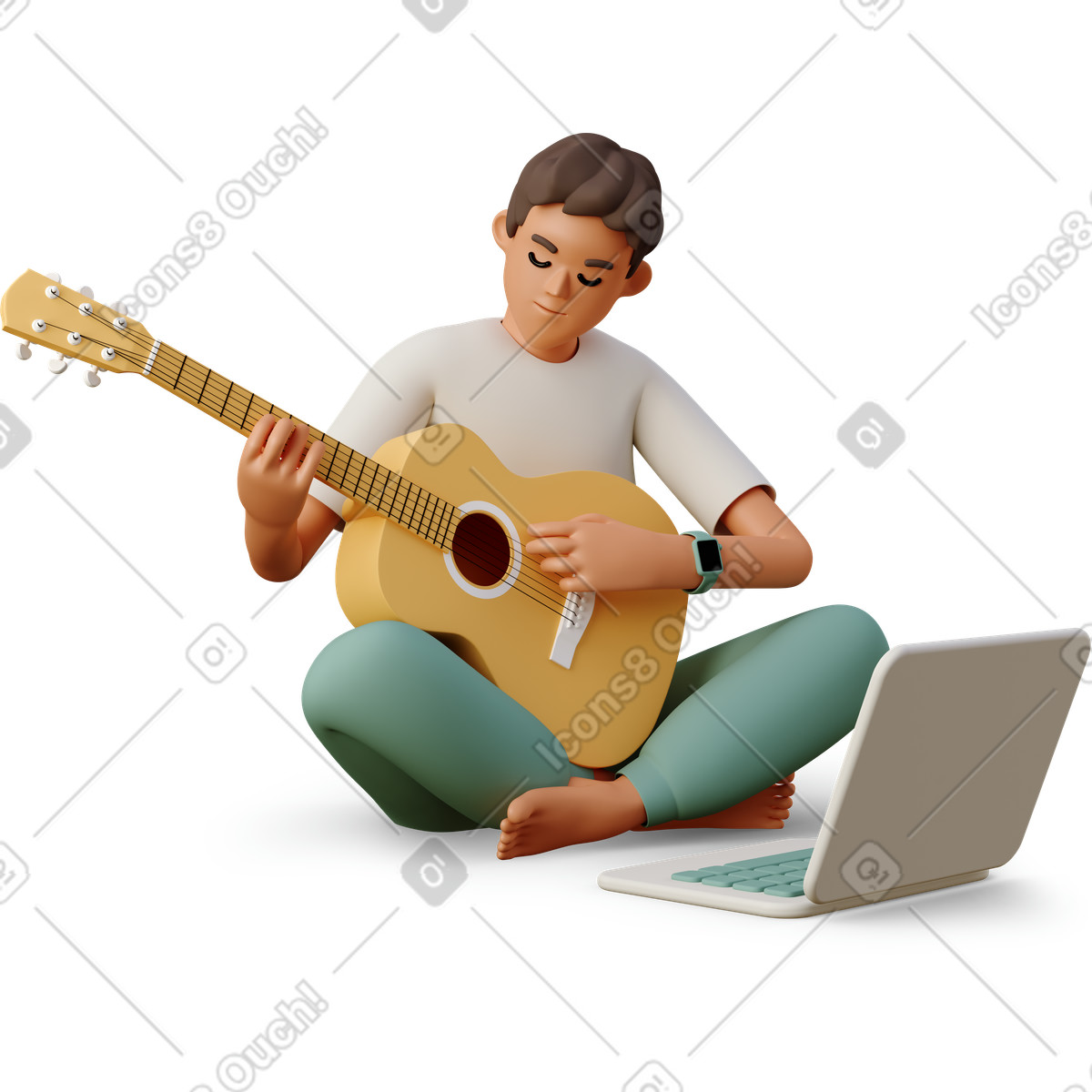 Man sitting in front of laptop and plays guitar illustrazione stile 3D Casual life scarica PNG, SVG