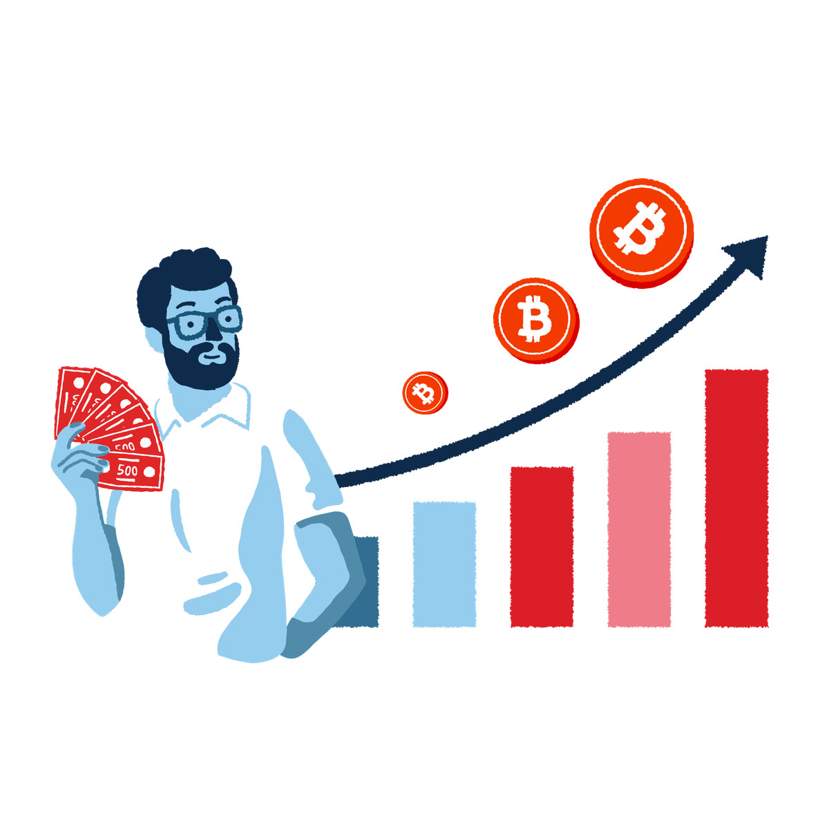 Man holding money in front of a growing bitcoin graph illustration Cherry style download PNG, SVG