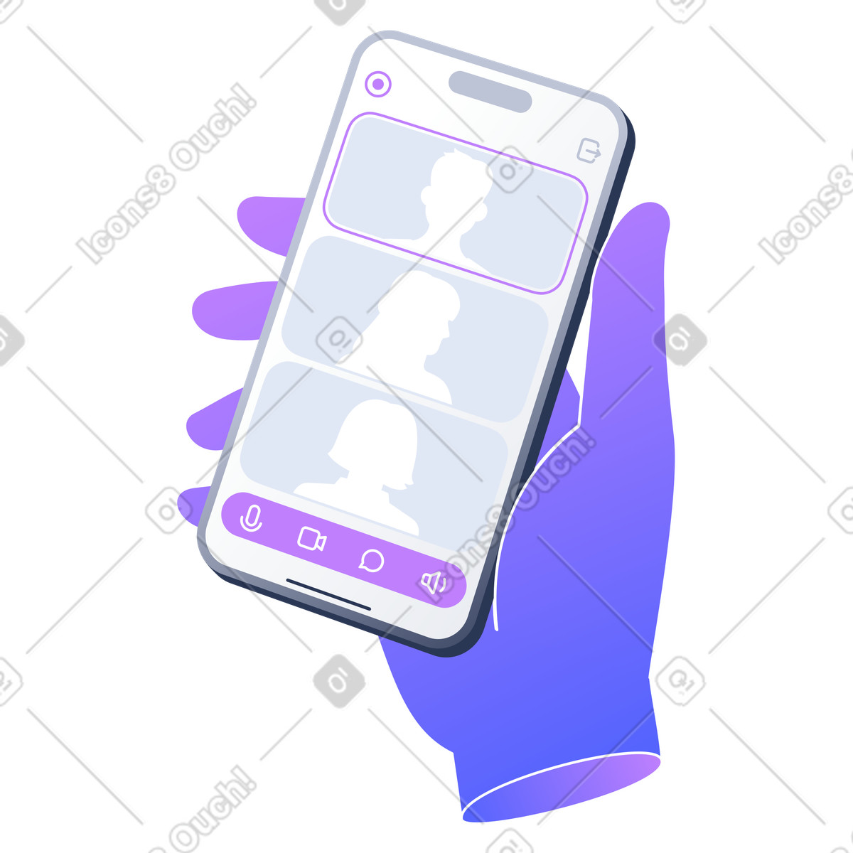 Hand holding phone with video call interface, Mobile video conference app, Online team meeting on phone illustration in PNG, SVG