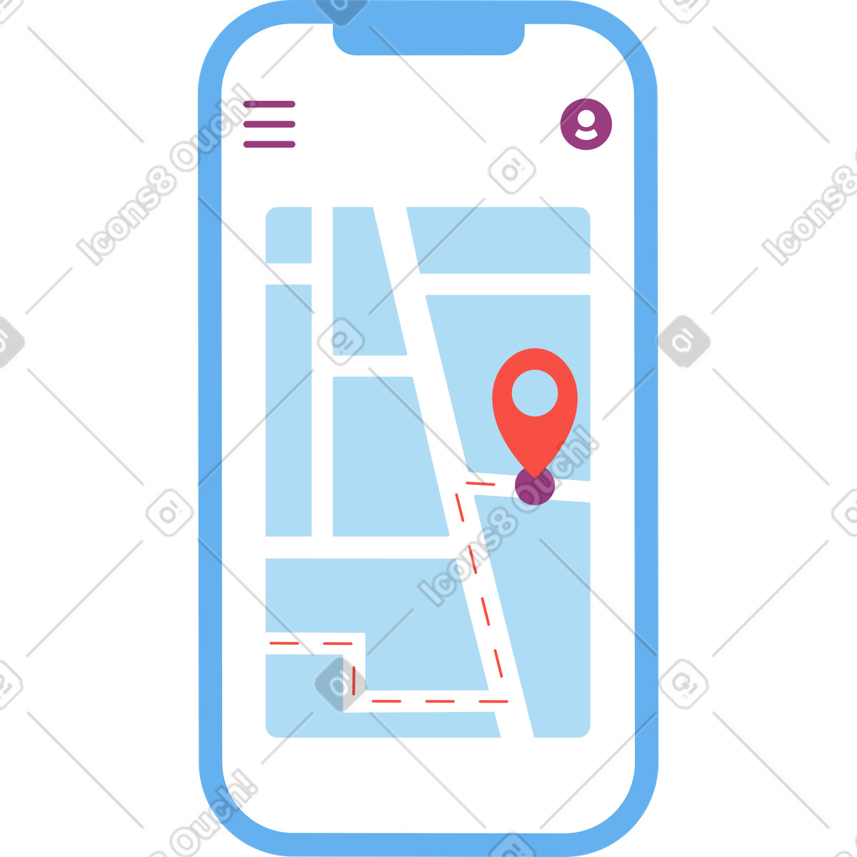 Telefono con mappa e geolocalizzazione illustrazione animata in stile Sammy scaricabile in GIF, Lottie (JSON), AE
