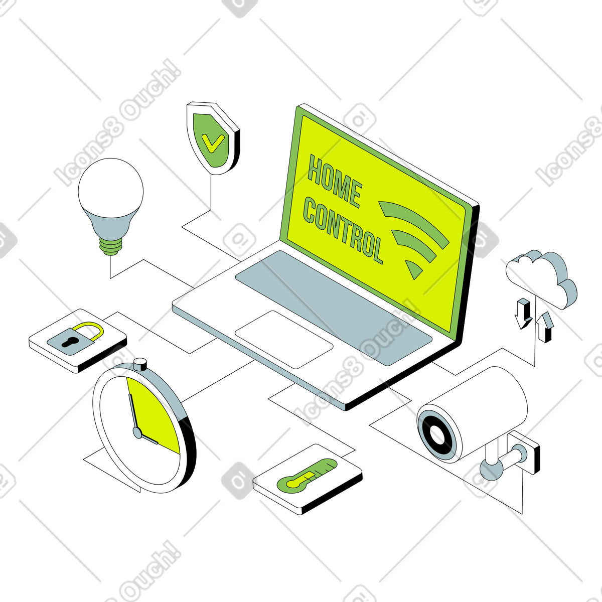 Home control network with laptop and gadgets, automation smart security illustration in Isometric style download in PNG, SVG