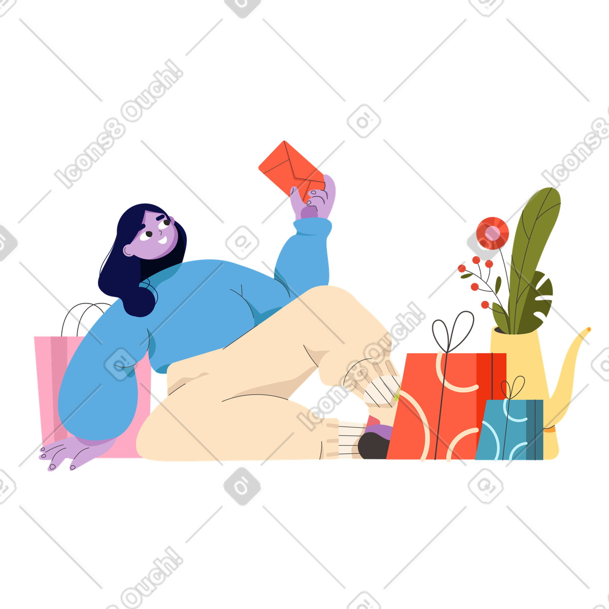 Woman holding envelope and sitting with gifts illustration in Dizzy style download in PNG, SVG