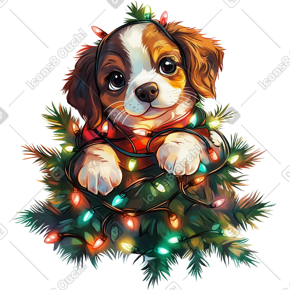 Weihnachtspostkarte welpe mit weihnachtsbeleuchtung-Illustration im Postcards-Stil als Download in PNG, SVG
