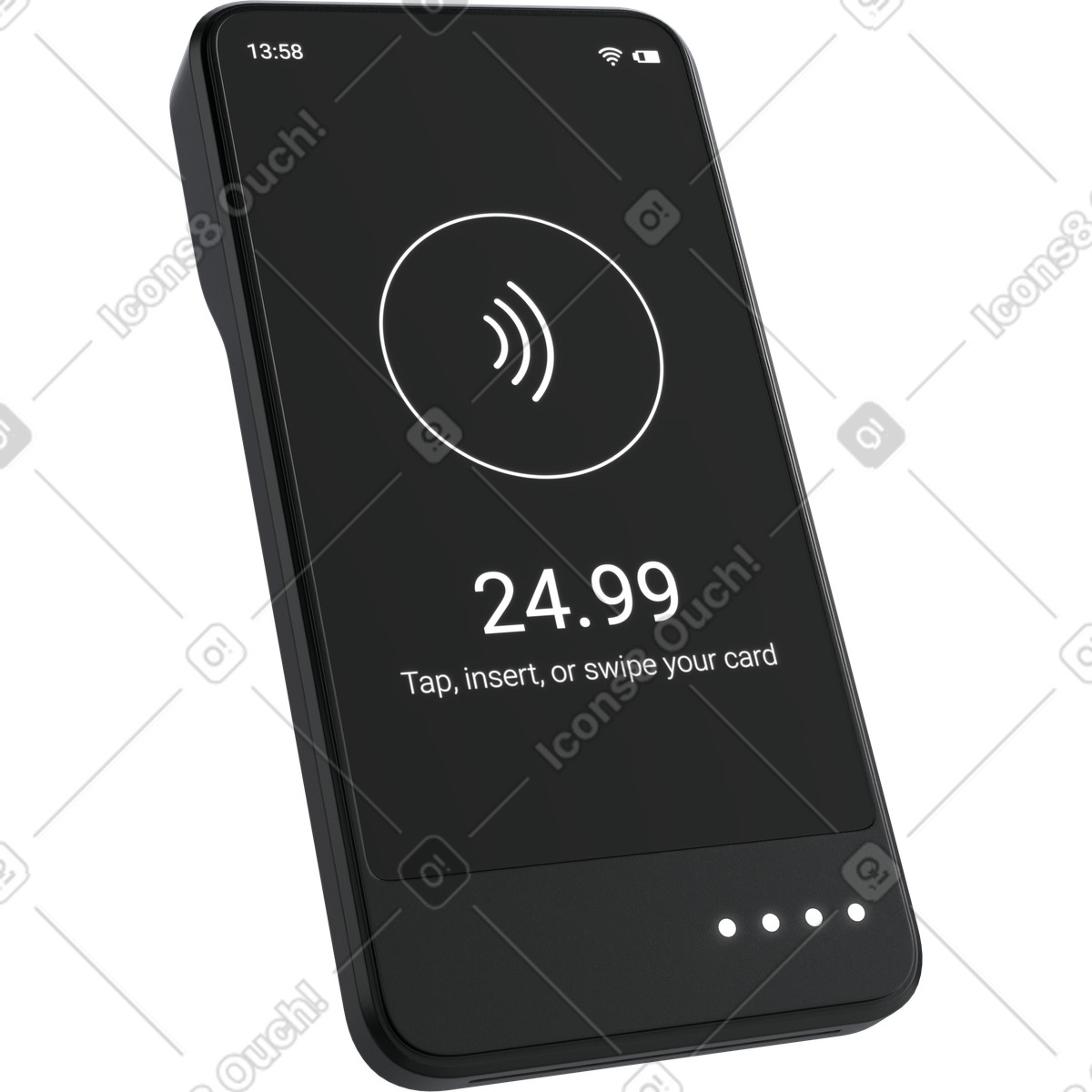 Ilustración Contactless payment terminal, NFC card reader device, Digital checkout technology en estilo 3D Pro a descargar en PNG y SVG