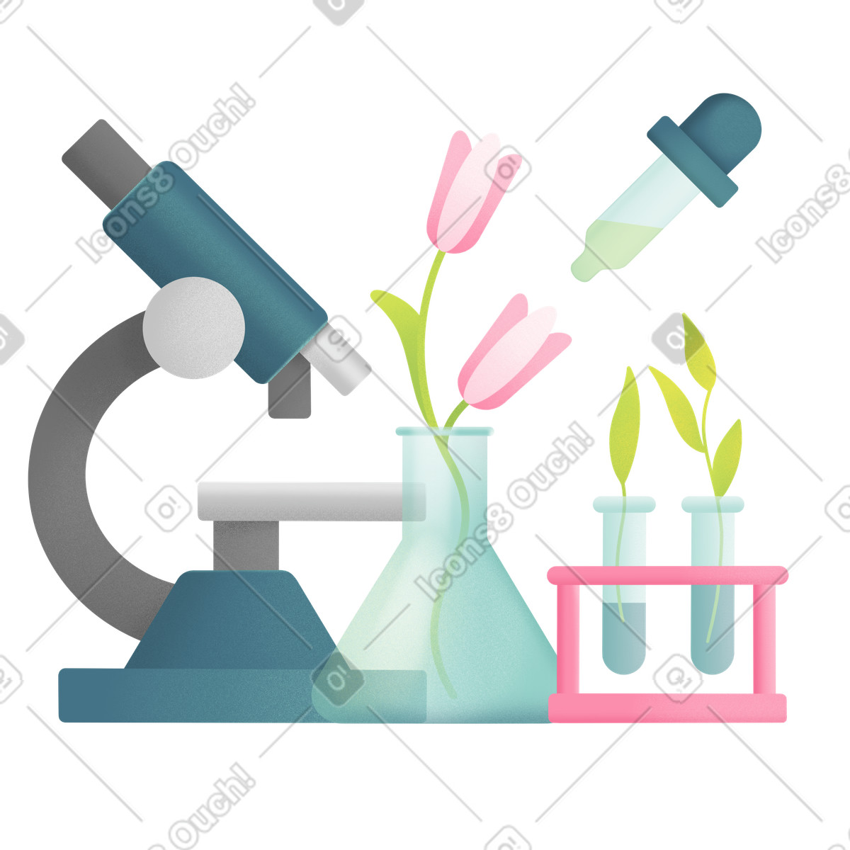 Microscope and flasks with flowers illustration in Joy style download in PNG, SVG