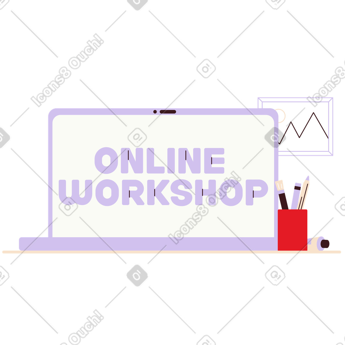 Lettering online workshop im laptop mit stiftebecher-Illustration Folks-Stil als Download in PNG, SVG