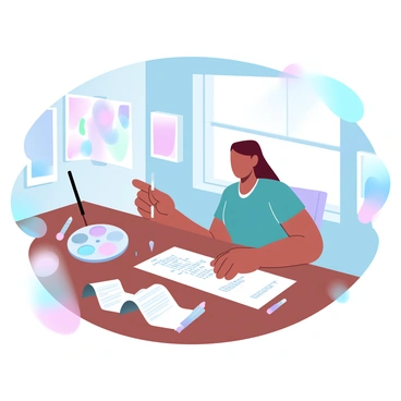 An artist is sitting at a wooden table in a well-lit studio. The artist has a variety of paintbrushes and tubes of paint scattered around. In front of the artist is a crumpled receipt for new art supplies, with a list of items printed on it. The walls of the studio are adorned with colorful abstract paintings. A palette with a mix of vibrant colors rests beside the artist, and natural light streams through a large window, casting soft shadows across the room.