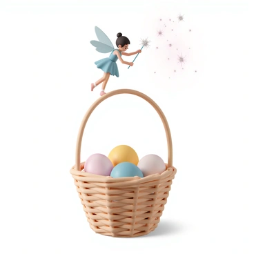 A tiny fairy with delicate wings, shimmering in shades of pastel pink and blue, is fluttering above a woven wicker basket. The basket is filled with colorful Easter eggs in various pastel hues, including pink, yellow, and blue. The fairy is holding a small, sparkling wand, from which she is sprinkling glimmering magic dust that sparkles in the air around her. Soft light reflects off her wings, creating a shimmering aura as she hovers playfully over the basket.
