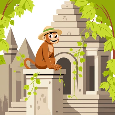 A curious monkey with brown fur is wearing a wide-brimmed safari hat. The monkey is perched on a stone pillar of a mysterious ancient temple, surrounded by lush green vines and tall trees. The temple features intricate carvings and a weathered stone facade, showcasing signs of age. Sunlight filters through the leaves, casting dappled shadows on the ground below. The monkey is looking around with bright, inquisitive eyes, seemingly fascinated by the surroundings.