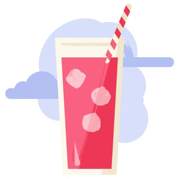 A tall glass filled with fizzy cherry soda, showcasing a vibrant red color. The glass contains several clear ice cubes, glistening in the sunlight. A striped straw extends from the glass, adding a playful touch. The background features a bright blue sky and fluffy white clouds, representing a sunny day.