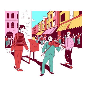 A red mime wearing a striped shirt and black pants is pretending to climb an invisible wall in the center of a bustling urban square. Nearby, a teal mime is mimicking a violinist, holding an invisible violin and bow, lost in the music of his imagination. In the background, other mimes are engaged in various playful activities such as pretending to be trapped in a box or dramatically reacting to an imaginary wind. Colorful buildings with vibrant awnings surround the square, while a group of amused spectators watches the performance, adding to the lively atmosphere of the scene.