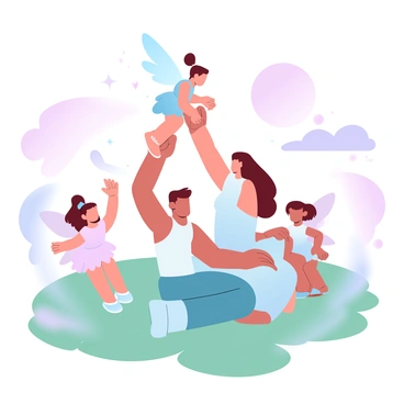 A tooth fairy couple is sitting on a grassy hill, surrounded by their small children, all with delicate, shimmering wings. The parents are holding hands, with one parent gently lifting a child into the air. The children are wearing pastel-colored outfits, and they are laughing as they play together. The sky is filled with gradient pastel colors, transitioning from soft pink to light purple, and the sun is setting on the horizon. A few sparkling fairy dust particles are floating in the air around them, creating a magical atmosphere.