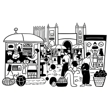 A bustling bazaar filled with numerous stalls displaying various items such as textiles, pottery, and spices. Each stall showcases intricate patterns and designs. People are engaged in activities, some are bargaining, while others are examining goods. There are baskets filled with fruits and vegetables stacked high beside the stalls. The ground is covered with cobblestones, and a few large umbrellas provide shade over the vendors. In the background, there are tall buildings with ornate architectural details, and a crowd of diverse individuals moves through the scene.