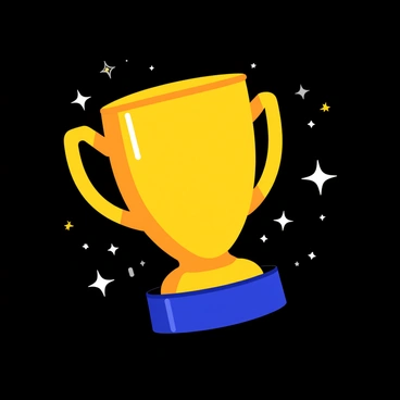 A sleek, futuristic trophy with a polished metallic surface is floating in zero gravity. The trophy features intricate geometric patterns and glowing accents along its body. Surrounding the trophy are countless twinkling stars, casting a soft light that reflects off the trophy's surface. The background exhibits a deep black space, enhancing the brightness of the stars and the shimmering effects on the trophy.