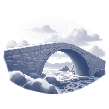 A stone bridge with a curved arch extending gracefully over a dark, swirling river. The bridge features rugged, textured stones, showcasing its sturdy construction. Below, the river churns with a sense of movement, creating tumultuous patterns on its surface. Above, a cloudy sky looms, with dense clouds gathering, adding an element of drama to the scene. The overall atmosphere conveys a sense of nature's power and the timelessness of the bridge.