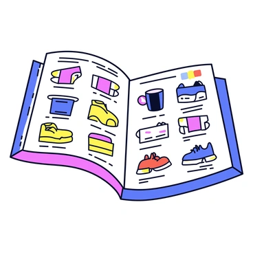 A product catalog with a clean layout featuring various product images. Each product is accompanied by clear, concise descriptions. The catalog includes vibrant branding elements, such as bright colors for headers and footers. There are sections for categories, each with its own distinct color scheme. The overall design is minimalistic, allowing the products to stand out prominently on the pages.