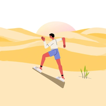 A traveler wearing a light, breathable outfit is performing Russian twists on a sandy expanse of a desert. The desert stretches out in all directions, with smooth, golden dunes rippling under the early morning light. The sky above is painted in shades of soft orange and pink as the sun rises on the horizon. The traveler is focused, balancing with one hand on the ground while the other is raised, creating a dynamic pose. Shadows stretch across the sand, accentuating the contours of the dunes around them. Small tufts of desert grass dot the landscape, adding hints of green to the otherwise sandy scene.