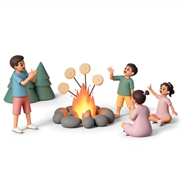 A fire pit with bright flames crackling in the center, surrounded by a ring of stones. Several sticks are placed over the fire, holding dough that is being transformed into bread. Around the fire pit, three children are watching with intense excitement. One child, wearing a blue t-shirt and red shorts, is clapping their hands in joy. Another child, dressed in a green shirt and yellow pants, is pointing at the bread with wide eyes. The third child, wearing a pink dress, is sitting cross-legged on the ground, gazing at the fire with a smile. The background features a wooded area and a clear sky.