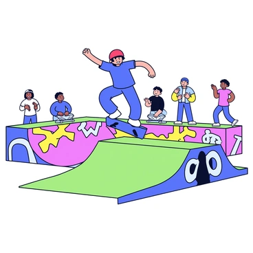 A young skateboarder wearing a bright red helmet and a blue t-shirt is practicing tricks on a skateboard. The skateboarder is mid-air, performing an ollie above a green ramp. Surrounding the ramp is a colorful skate park featuring vivid murals on the concrete walls, including designs of abstract shapes and graffiti. In the background, there are various skateboarders watching and cheering, adding to the lively atmosphere of the park.