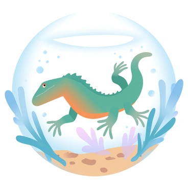 A crested gecko with a vibrant green and orange body is swimming gracefully underwater. The gecko's limbs are extended as it glides through the water. Surrounding the gecko are various aquatic plants, with long, flowing leaves swaying gently with the currents. Sunlight filters through the water, creating soft patterns on the sandy bottom. Bubbles rise around the gecko, adding an element of motion to the scene.