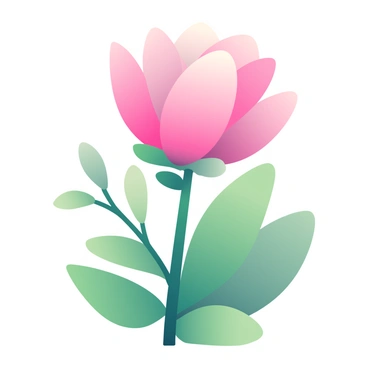A blooming flower is prominently displayed in the center of the image. The flower has delicate petals that showcase a gradient transitioning from soft pink at the tips to vibrant fuchsia at the base. The petals are smooth and slightly curled at the edges, revealing a rich green stem that supports the blossom. Surrounding the flower, there are lush green leaves that add depth to the composition. The background is softly blurred, allowing the flower to stand out as the focal point.