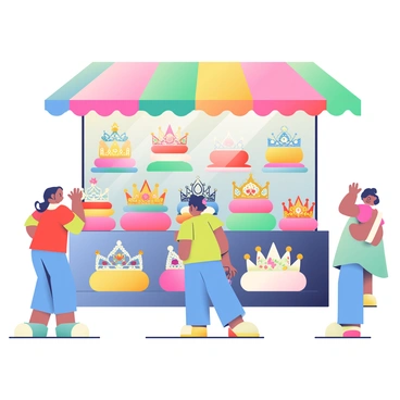 A vibrant marketplace stall is filled with an array of crowns and tiaras of various designs and materials. The stall is covered with a colorful canopy that provides shade for the displays. Each crown features unique embellishments such as sparkling gemstones, intricate filigree, and elegant ribbons. Tiaras are showcased in a variety of styles, including classic metallic finishes and whimsical floral designs. The surfaces of the stall are adorned with fabric swatches that enhance the aesthetic appeal of the jewelry. Surrounding the stall, shoppers of all ages browse the selection, admiring the crowns and tiaras displayed on velvet cushions.