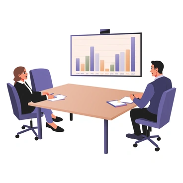 A digital flat illustration featuring a bar graph displayed prominently on a screen in an office setting. The bar graph has several vertical bars representing quota progress over months, with each bar filled in different shades of blue, green, and orange. Each bar is labeled at the bottom with the names of the months: "January," "February," "March," and so on. In the background, there are two individuals, a man and a woman, both dressed in formal attire, sitting at a conference table. The man has dark hair and is wearing a navy blue suit, while the woman has light brown hair and is wearing a black blazer. There are notebooks and pens on the table, and a few papers scattered around, indicating an active meeting environment.