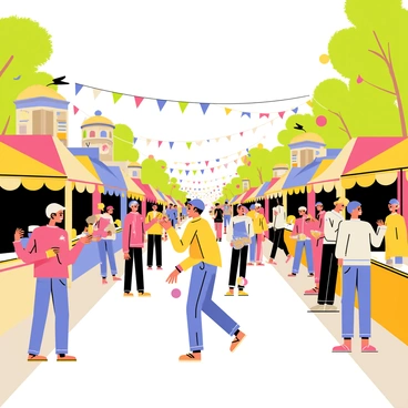 A vibrant street festival taking place in downtown Brisbane. Colorful stalls are lined up along the street, each adorned with bright banners and decorations. Performers in lively costumes are entertaining the crowd, including a juggler tossing colorful balls and a musician playing a guitar. A joyful crowd of diverse people is gathered around, some enjoying food from the stalls while others are dancing to the music. Balloons and streamers are scattered throughout the scene, enhancing the festive atmosphere. Bright sunlight bathes the entire area, creating a cheerful ambiance.