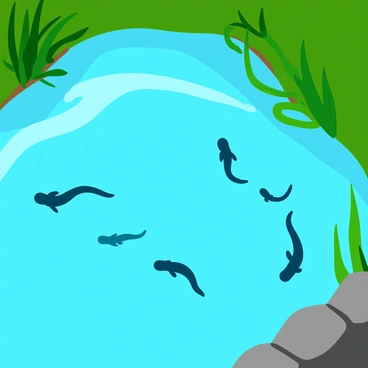 A detailed view of a pond seen from above, with clear water revealing tadpoles swimming just beneath the surface. The pond is surrounded by lush green vegetation, with leaves and reeds gently swaying in the breeze. Sunlight reflects off the water, creating patterns of light and shadow. The tadpoles are small and dark, moving swiftly in groups, their tails flicking as they navigate through the water.