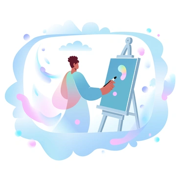 An artist is depicted standing in front of a large, ornate easel, holding a paintbrush and palette. The artist has a unique hairstyle and is dressed in a colorful, flowing garment. Surrounding the artist are various dreamlike elements such as swirling clouds and ethereal shapes. There are floating paint splashes in vibrant colors, and whimsical patterns drift around the scene. The background features an abstract landscape with soft, gradient pastel colors blending harmoniously. A large, stylized frame encloses the composition, adding depth to the artwork.
