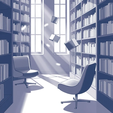 A spacious library filled with tall shelves stacked with books. The shelves are made of dark wood, creating a cozy and inviting atmosphere. Many books are floating in the air, arranged in various heights and angles, some glowing softly as if illuminated from within. The floor is polished, reflecting the gentle light emitted by the floating books. There are comfortable reading chairs scattered throughout the library, inviting visitors to sit and enjoy the magical environment. Soft light filters through large windows, casting gentle shadows and enhancing the serene ambiance.