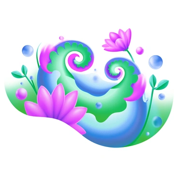 A modern pastel illustration depicting a vibrant fractal pattern. The pattern incorporates swirling designs reminiscent of ocean waves and blooming flowers. Bright colors such as pink, blue, and green blend together to create a sense of movement and depth. The fractal elements are arranged to evoke the feel of a lush garden filled with abstract foliage and flowers, interspersed with flowing water motifs. The overall composition is dynamic, drawing the viewer's eye across the intricate patterns.