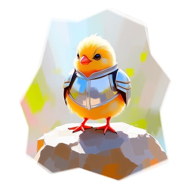 A brave chick with fluffy yellow feathers is standing proudly on a large, textured rock. The chick is adorned in a tiny suit of shiny silver armor that fits snugly against its small frame, reflecting the light around it. The armor features intricate designs, emphasizing the chick's courageous demeanor. Its beady eyes glimmer with determination as it looks ahead. The background consists of soft, blurred greenery, suggesting a vibrant outdoor setting, adding to the heroic allure of the scene.