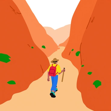 A backpacker with a bright red backpack is walking along a narrow trail that winds through a deep canyon. The canyon walls are steep and rocky, showcasing shades of orange and brown, with patches of green vegetation clinging to the crevices. The backpacker, dressed in hiking gear and wearing a wide-brimmed hat, strides confidently along the path. Sunlight filters down from above, illuminating the dust kicked up by their footsteps. In the distance, the trail curves, hinting at the adventure that lies ahead.