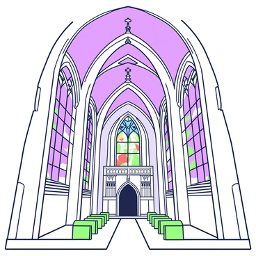 The interior of a grand medieval cathedral showcases a high vaulted ceiling adorned with intricate stone carvings. Above, the arches rise elegantly, leading the eye towards the apex of the ceiling. On either side, large stained glass windows depict various religious scenes, illuminated by sunlight filtering through, casting colorful patterns across the stone floor. The windows are framed by ornate stonework, with gentle curves and intricate details surrounding the glass. Beneath the windows, wooden pews are arranged in neat rows, inviting worshippers to sit and reflect in this magnificent space.