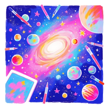 A galaxy-themed canvas with swirling stars and planets as digital art tools hover around